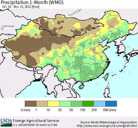 China, Mongolia and Taiwan Precipitation 1-Month (WMO) Thematic Map For 10/16/2022 - 11/15/2022