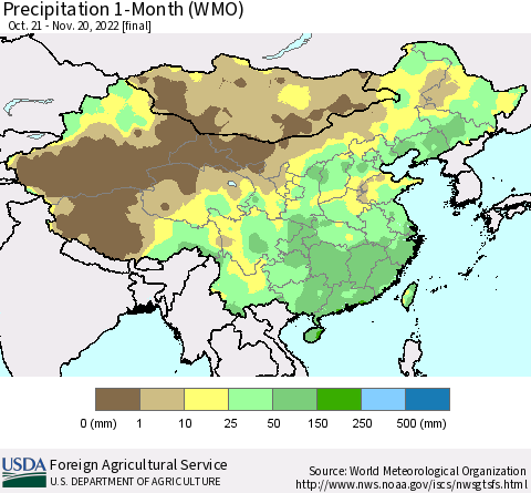 China, Mongolia and Taiwan Precipitation 1-Month (WMO) Thematic Map For 10/21/2022 - 11/20/2022