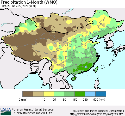 China, Mongolia and Taiwan Precipitation 1-Month (WMO) Thematic Map For 10/26/2022 - 11/25/2022