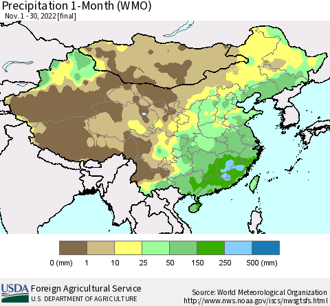 China, Mongolia and Taiwan Precipitation 1-Month (WMO) Thematic Map For 11/1/2022 - 11/30/2022