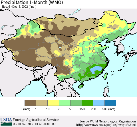 China, Mongolia and Taiwan Precipitation 1-Month (WMO) Thematic Map For 11/6/2022 - 12/5/2022