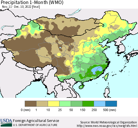 China, Mongolia and Taiwan Precipitation 1-Month (WMO) Thematic Map For 11/11/2022 - 12/10/2022