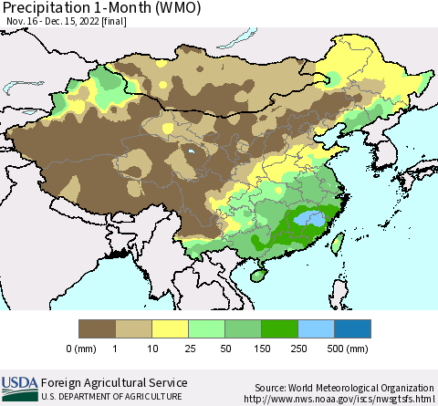 China, Mongolia and Taiwan Precipitation 1-Month (WMO) Thematic Map For 11/16/2022 - 12/15/2022