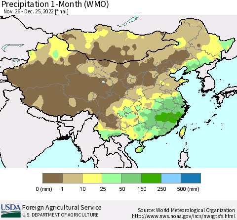 China, Mongolia and Taiwan Precipitation 1-Month (WMO) Thematic Map For 11/26/2022 - 12/25/2022