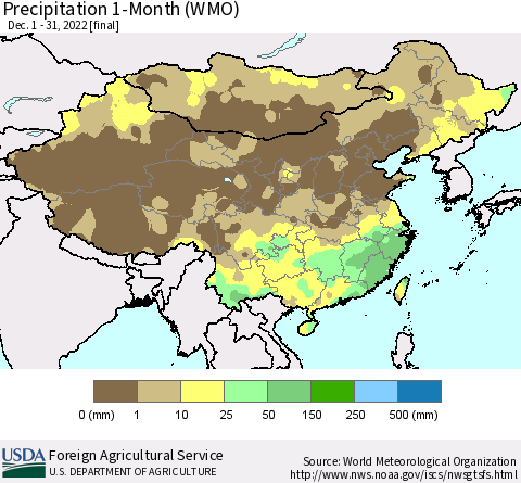 China, Mongolia and Taiwan Precipitation 1-Month (WMO) Thematic Map For 12/1/2022 - 12/31/2022