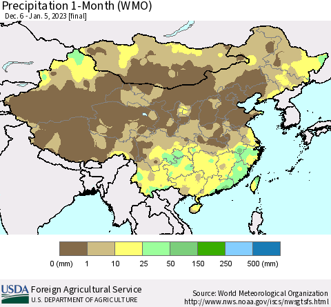 China, Mongolia and Taiwan Precipitation 1-Month (WMO) Thematic Map For 12/6/2022 - 1/5/2023