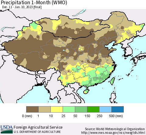 China, Mongolia and Taiwan Precipitation 1-Month (WMO) Thematic Map For 12/11/2022 - 1/10/2023