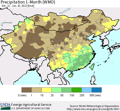 China, Mongolia and Taiwan Precipitation 1-Month (WMO) Thematic Map For 12/21/2022 - 1/20/2023