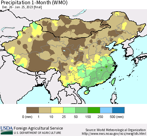 China, Mongolia and Taiwan Precipitation 1-Month (WMO) Thematic Map For 12/26/2022 - 1/25/2023