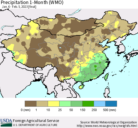 China, Mongolia and Taiwan Precipitation 1-Month (WMO) Thematic Map For 1/6/2023 - 2/5/2023