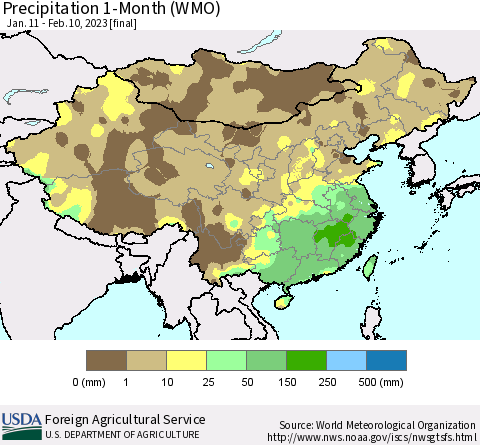 China, Mongolia and Taiwan Precipitation 1-Month (WMO) Thematic Map For 1/11/2023 - 2/10/2023