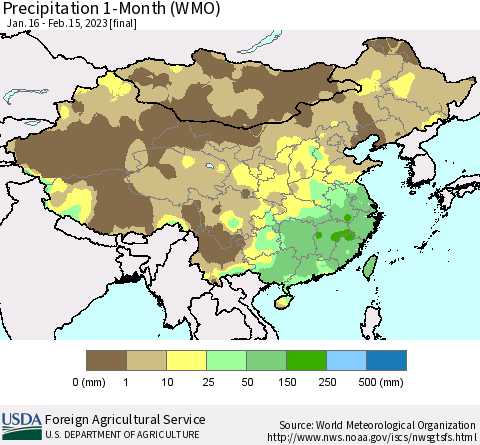 China, Mongolia and Taiwan Precipitation 1-Month (WMO) Thematic Map For 1/16/2023 - 2/15/2023