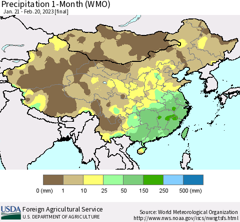 China, Mongolia and Taiwan Precipitation 1-Month (WMO) Thematic Map For 1/21/2023 - 2/20/2023