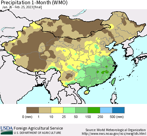 China, Mongolia and Taiwan Precipitation 1-Month (WMO) Thematic Map For 1/26/2023 - 2/25/2023