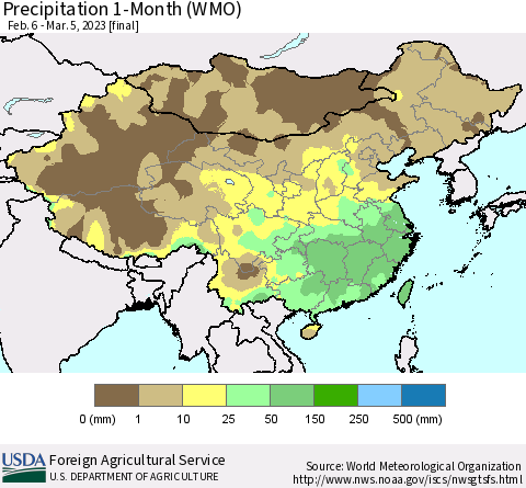 China, Mongolia and Taiwan Precipitation 1-Month (WMO) Thematic Map For 2/6/2023 - 3/5/2023