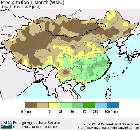 China, Mongolia and Taiwan Precipitation 1-Month (WMO) Thematic Map For 2/11/2023 - 3/10/2023