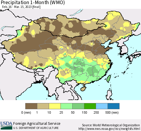 China, Mongolia and Taiwan Precipitation 1-Month (WMO) Thematic Map For 2/16/2023 - 3/15/2023