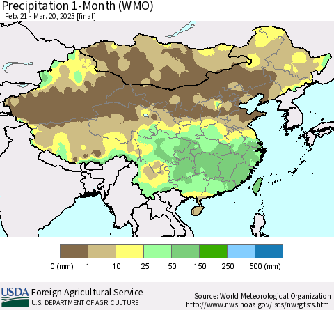 China, Mongolia and Taiwan Precipitation 1-Month (WMO) Thematic Map For 2/21/2023 - 3/20/2023
