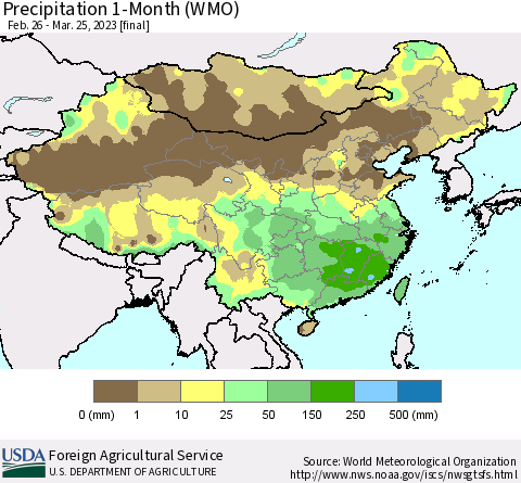 China, Mongolia and Taiwan Precipitation 1-Month (WMO) Thematic Map For 2/26/2023 - 3/25/2023