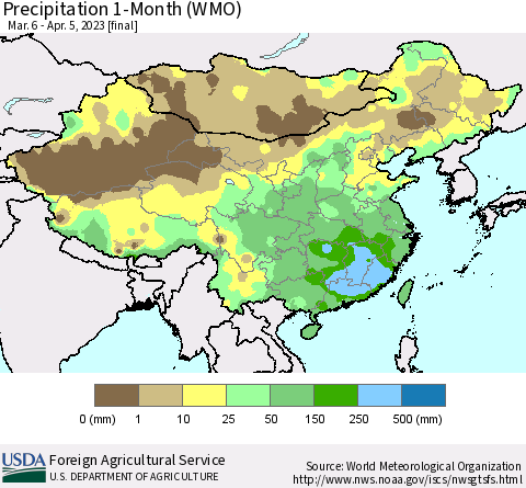 China, Mongolia and Taiwan Precipitation 1-Month (WMO) Thematic Map For 3/6/2023 - 4/5/2023