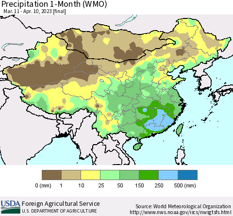 China, Mongolia and Taiwan Precipitation 1-Month (WMO) Thematic Map For 3/11/2023 - 4/10/2023