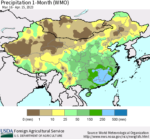 China, Mongolia and Taiwan Precipitation 1-Month (WMO) Thematic Map For 3/16/2023 - 4/15/2023