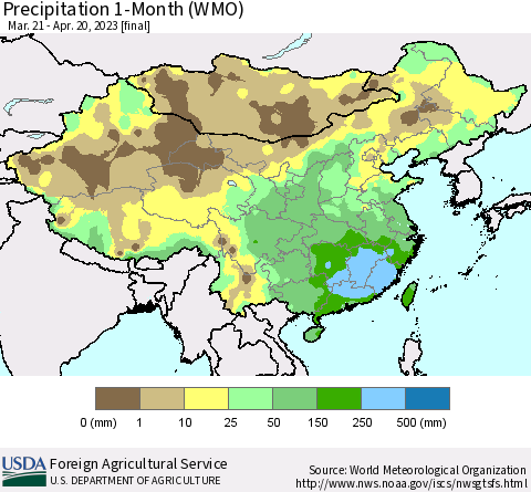 China, Mongolia and Taiwan Precipitation 1-Month (WMO) Thematic Map For 3/21/2023 - 4/20/2023