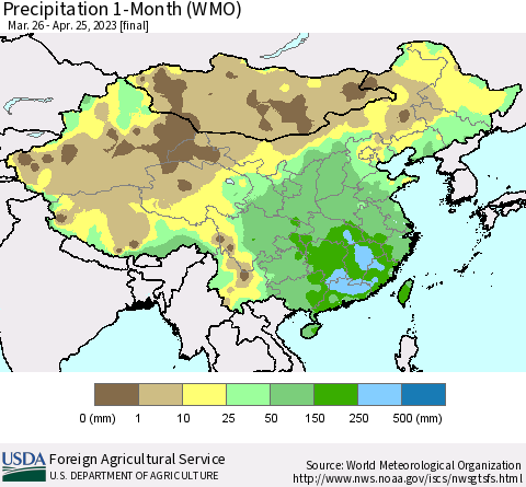 China, Mongolia and Taiwan Precipitation 1-Month (WMO) Thematic Map For 3/26/2023 - 4/25/2023