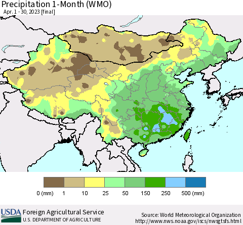 China, Mongolia and Taiwan Precipitation 1-Month (WMO) Thematic Map For 4/1/2023 - 4/30/2023