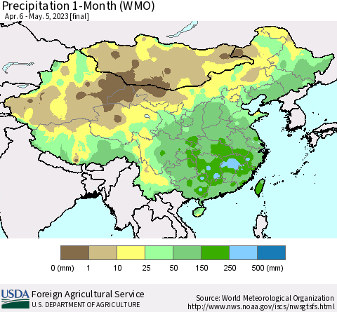 China, Mongolia and Taiwan Precipitation 1-Month (WMO) Thematic Map For 4/6/2023 - 5/5/2023