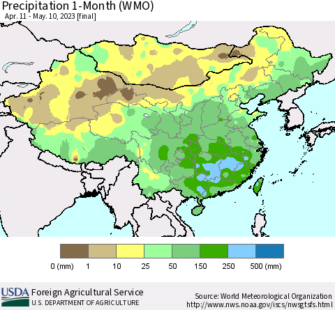 China, Mongolia and Taiwan Precipitation 1-Month (WMO) Thematic Map For 4/11/2023 - 5/10/2023