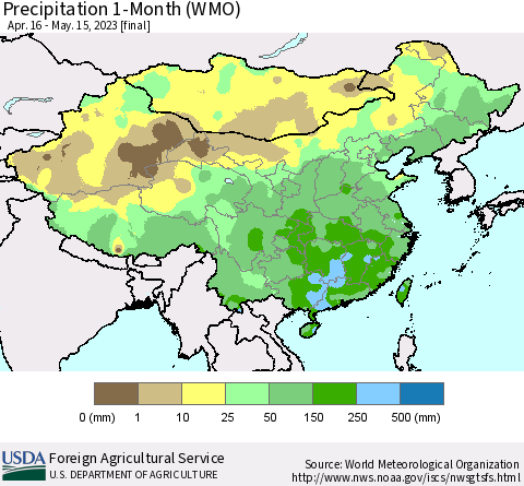 China, Mongolia and Taiwan Precipitation 1-Month (WMO) Thematic Map For 4/16/2023 - 5/15/2023