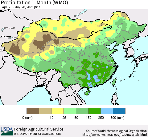 China, Mongolia and Taiwan Precipitation 1-Month (WMO) Thematic Map For 4/21/2023 - 5/20/2023