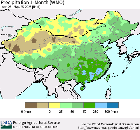 China, Mongolia and Taiwan Precipitation 1-Month (WMO) Thematic Map For 4/26/2023 - 5/25/2023