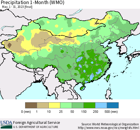 China, Mongolia and Taiwan Precipitation 1-Month (WMO) Thematic Map For 5/1/2023 - 5/31/2023