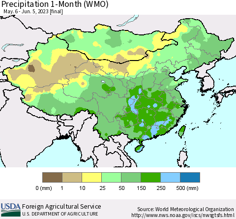 China, Mongolia and Taiwan Precipitation 1-Month (WMO) Thematic Map For 5/6/2023 - 6/5/2023
