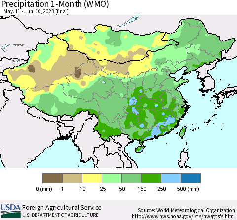 China, Mongolia and Taiwan Precipitation 1-Month (WMO) Thematic Map For 5/11/2023 - 6/10/2023