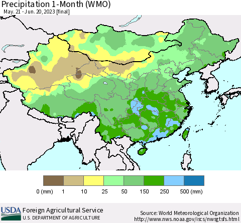 China, Mongolia and Taiwan Precipitation 1-Month (WMO) Thematic Map For 5/21/2023 - 6/20/2023