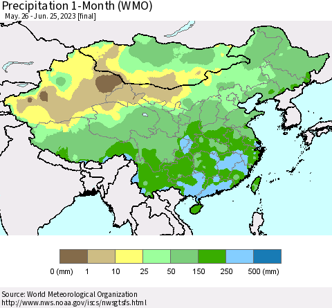 China, Mongolia and Taiwan Precipitation 1-Month (WMO) Thematic Map For 5/26/2023 - 6/25/2023
