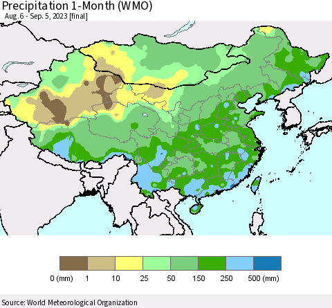 China, Mongolia and Taiwan Precipitation 1-Month (WMO) Thematic Map For 8/6/2023 - 9/5/2023
