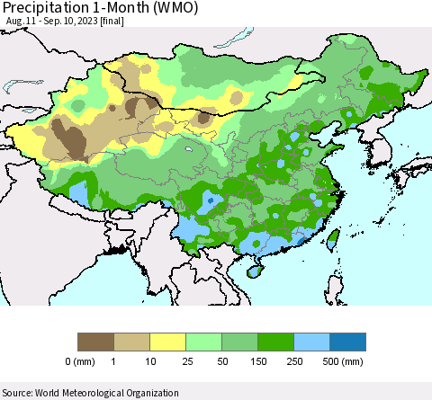 China, Mongolia and Taiwan Precipitation 1-Month (WMO) Thematic Map For 8/11/2023 - 9/10/2023