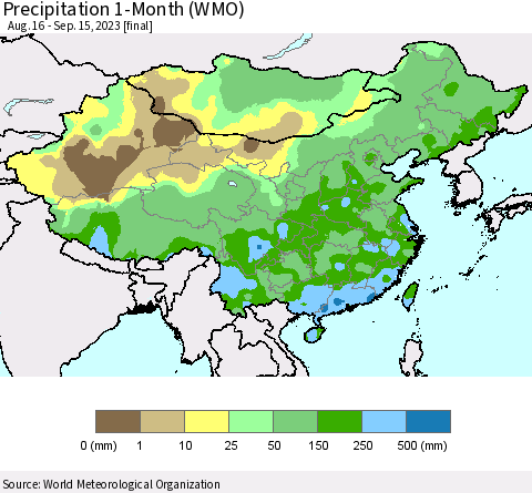 China, Mongolia and Taiwan Precipitation 1-Month (WMO) Thematic Map For 8/16/2023 - 9/15/2023
