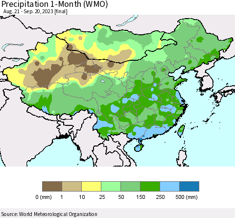 China, Mongolia and Taiwan Precipitation 1-Month (WMO) Thematic Map For 8/21/2023 - 9/20/2023
