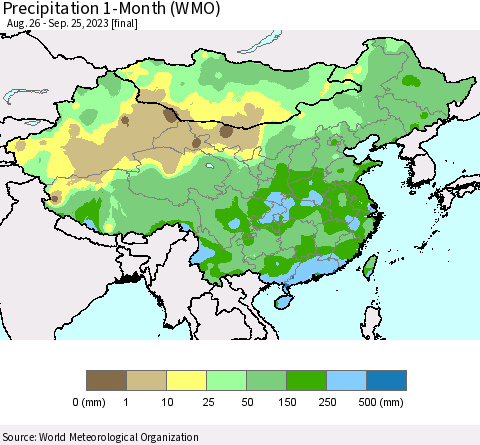 China, Mongolia and Taiwan Precipitation 1-Month (WMO) Thematic Map For 8/26/2023 - 9/25/2023