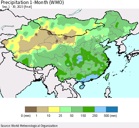 China, Mongolia and Taiwan Precipitation 1-Month (WMO) Thematic Map For 9/1/2023 - 9/30/2023