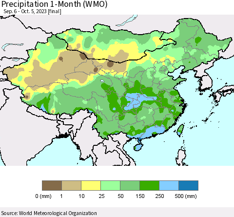 China, Mongolia and Taiwan Precipitation 1-Month (WMO) Thematic Map For 9/6/2023 - 10/5/2023