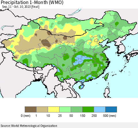 China, Mongolia and Taiwan Precipitation 1-Month (WMO) Thematic Map For 9/11/2023 - 10/10/2023
