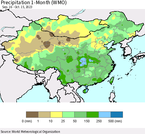 China, Mongolia and Taiwan Precipitation 1-Month (WMO) Thematic Map For 9/16/2023 - 10/15/2023