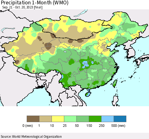 China, Mongolia and Taiwan Precipitation 1-Month (WMO) Thematic Map For 9/21/2023 - 10/20/2023