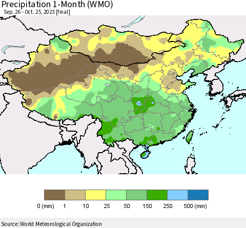 China, Mongolia and Taiwan Precipitation 1-Month (WMO) Thematic Map For 9/26/2023 - 10/25/2023